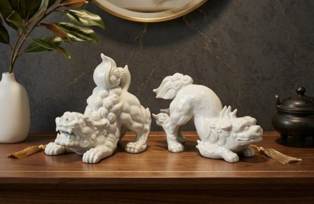1970s Fitz and Floyd Blanc de Chine Foo Dogs - Pair, White Porcelain Mid-Century